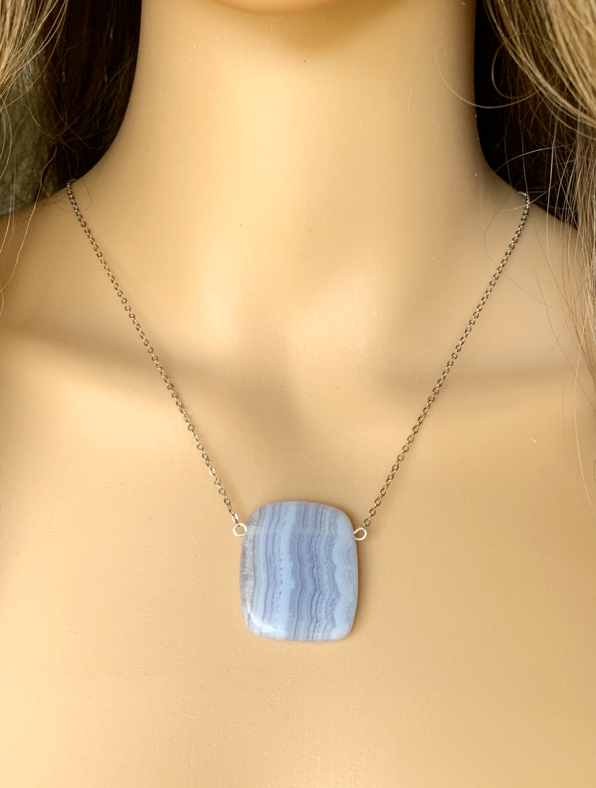 Blue Lace Agate Silver Necklace-1491LC | Juwelo